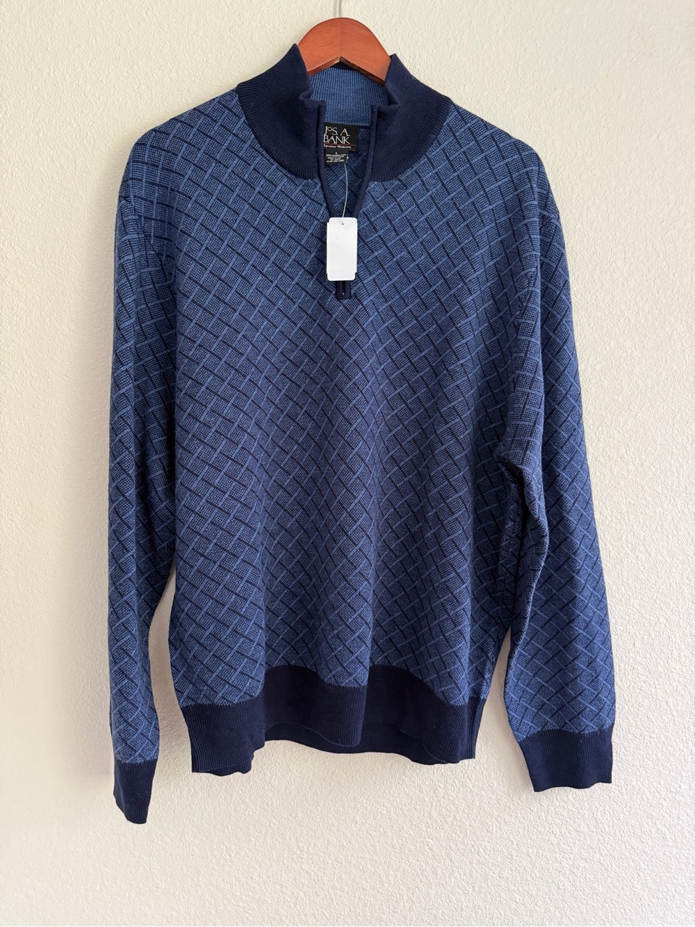 Jos. A. Bank 100% Merino Wool Blue Geometric 1/4 Zip Sweater Size L